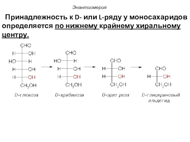 Энантиомерия Принадлежность к D- или L-ряду у моносахаридов определяется по нижнему крайнему хиральному центру.