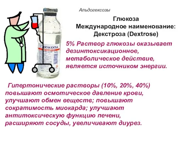 Альдогексозы Глюкоза Международное наименование: Декстроза (Dextrose) 5% Раствор глюкозы оказывает дезинтоксикационное,