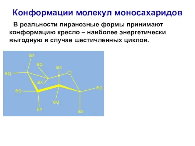 Конформации молекул моносахаридов В реальности пиранозные формы принимают конформацию кресло –