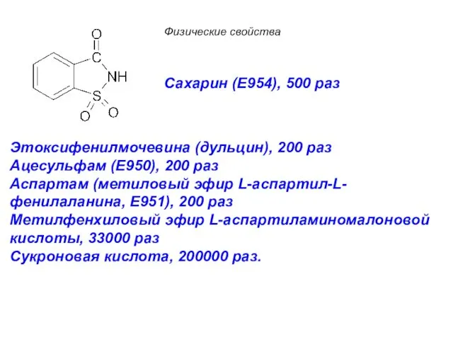 Сахарин (E954), 500 раз Этоксифенилмочевина (дульцин), 200 раз Ацесульфам (E950), 200