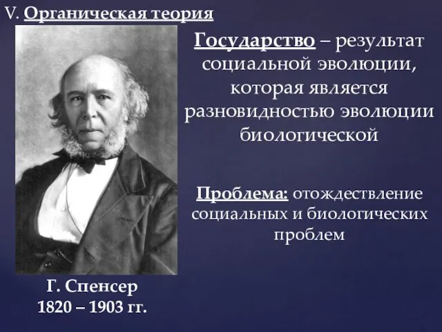 V. Органическая теория Г. Спенсер 1820 – 1903 гг. Государство –