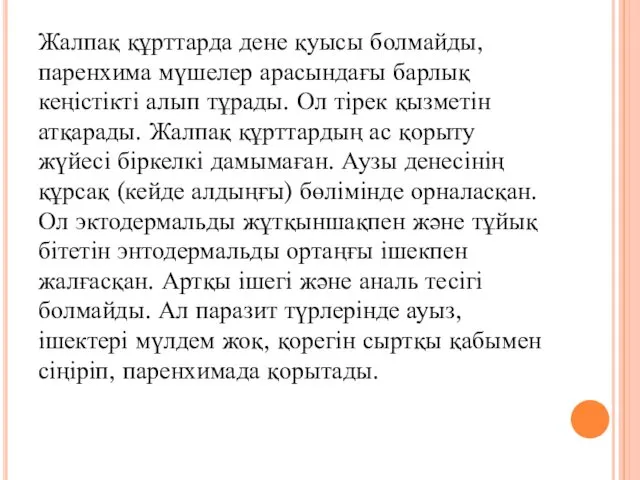 Жалпақ құрттарда дене қуысы болмайды, паренхима мүшелер арасындағы барлық кеңістікті алып