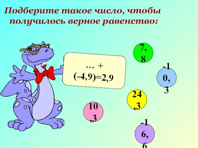 Подберите такое число, чтобы получилось верное равенство: … + (-4,9)=2,9 10,3 -10,3 24,3 7,8 -16,6