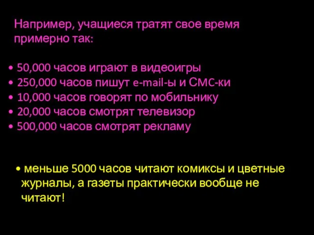 Например, учащиеся тратят свое время примерно так: 50,000 часов играют в