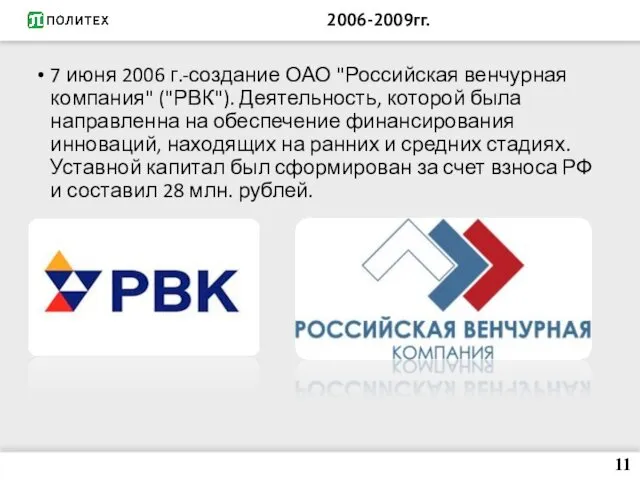 2006-2009гг. 7 июня 2006 г.-создание ОАО "Российская венчурная компания" ("РВК"). Деятельность,