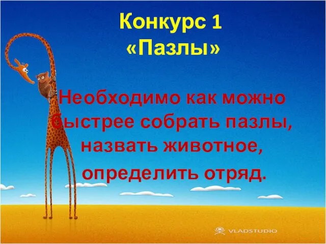 Конкурс 1 «Пазлы» Необходимо как можно быстрее собрать пазлы, назвать животное, определить отряд.