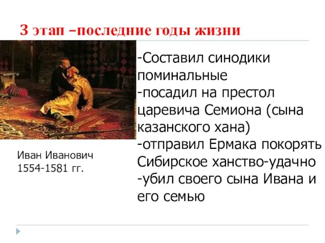 3 этап –последние годы жизни Иван Иванович 1554-1581 гг. -Составил синодики