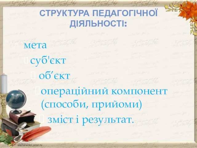 СТРУКТУРА ПЕДАГОГІЧНОЇ ДІЯЛЬНОСТІ: мета суб'єкт об’єкт операційний компонент (способи, прийоми) зміст і результат.