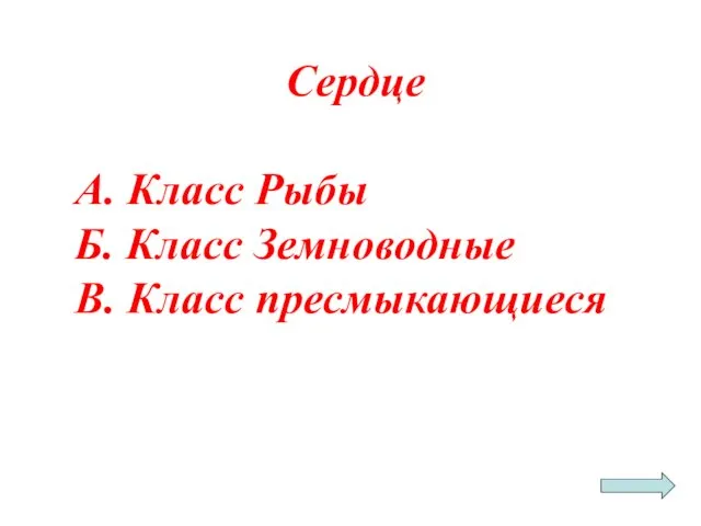 Сердце А. Класс Рыбы Б. Класс Земноводные В. Класс пресмыкающиеся