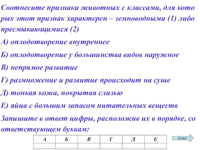 Со­от­не­си­те при­зна­ки жи­вот­ных с клас­са­ми, для ко­то­рых этот при­знак ха­рак­те­рен –