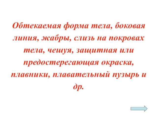 Обтекаемая форма тела, боковая линия, жабры, слизь на покровах тела, чешуя,