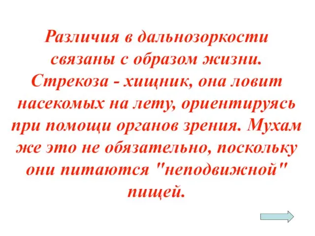 Различия в дальнозоркости связаны с образом жизни. Стрекоза - хищник, она