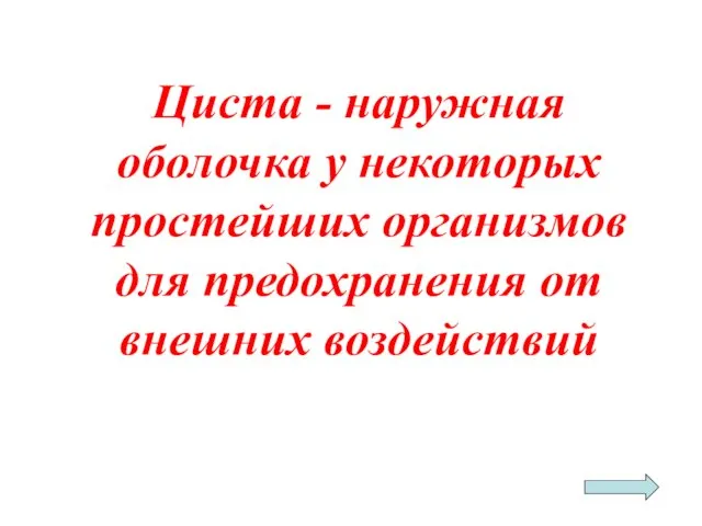 Циста - наружная оболочка у некоторых простейших организмов для предохранения от внешних воздействий