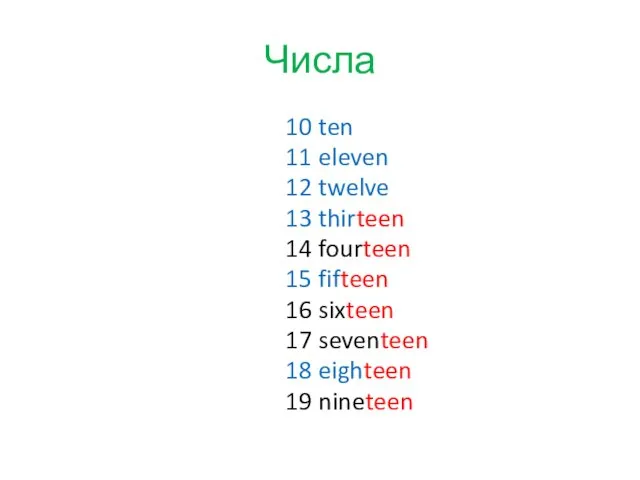 Числа 10 ten 11 eleven 12 twelve 13 thirteen 14 fourteen