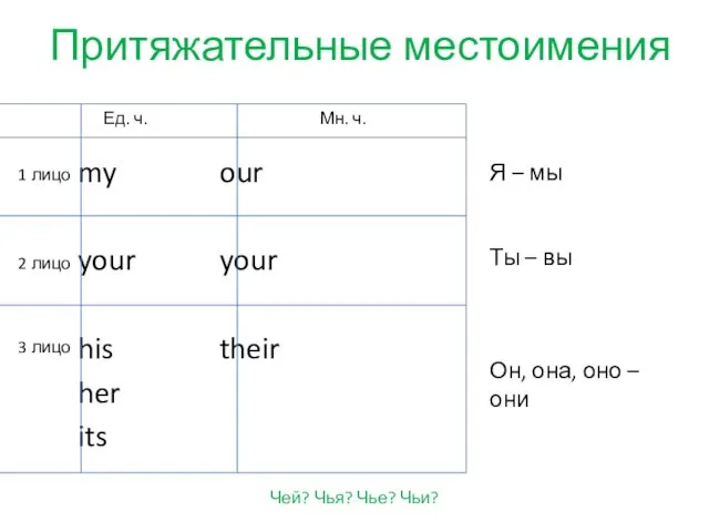 Притяжательные местоимения my our your your his their her its Ед.