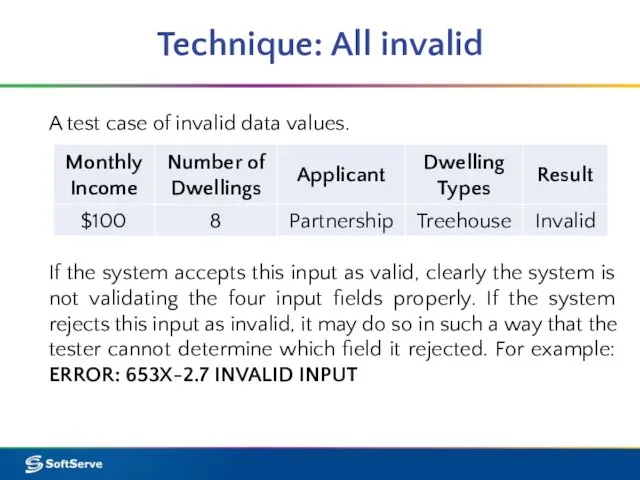 Technique: All invalid A test case of invalid data values. If