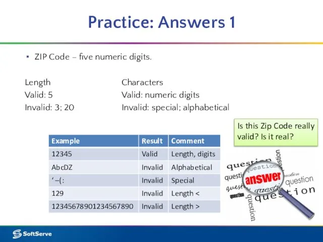 Practice: Answers 1 ZIP Code – five numeric digits. Length Valid: