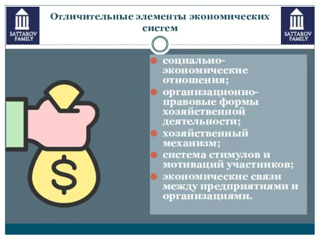 Отличительные элементы экономических систем социально-экономические отношения; организационно-правовые формы хозяйственной деятельности; хозяйственный