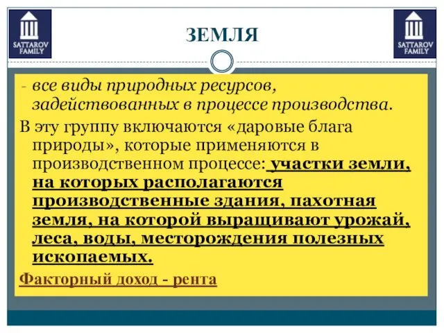 ЗЕМЛЯ все виды природных ресурсов, задействованных в процессе производства. В эту