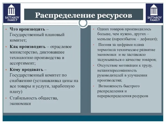 Распределение ресурсов Что производить – Государственный плановый комитет; Как производить –