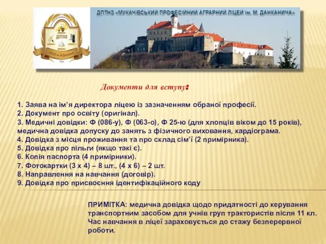 1. Заява на ім’я директора ліцею із зазначенням обраної професії. 2.