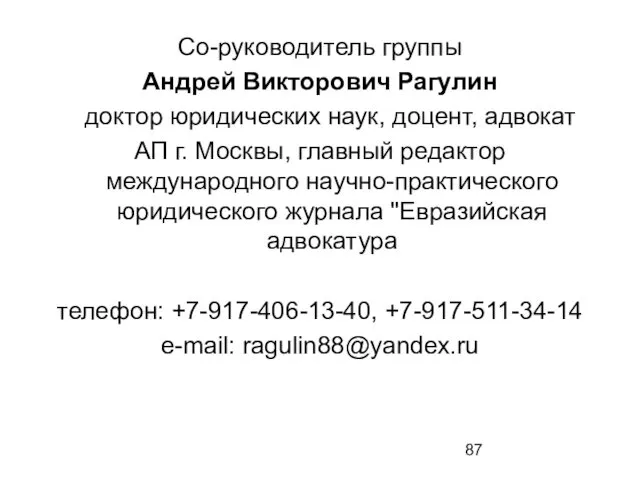 Со-руководитель группы Андрей Викторович Рагулин доктор юридических наук, доцент, адвокат АП