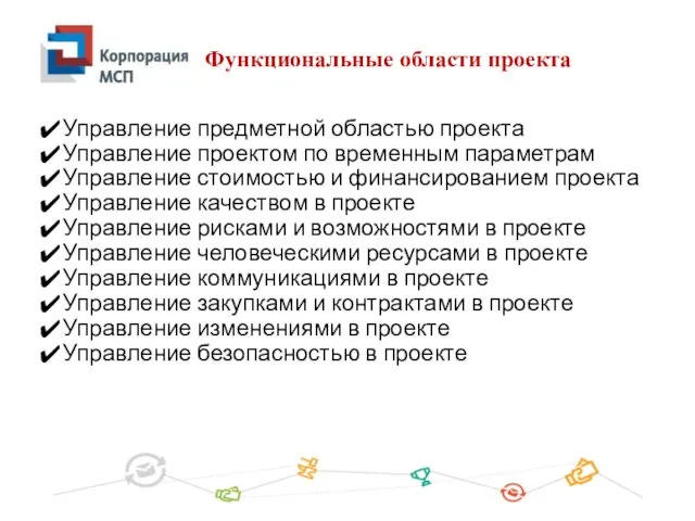 Функциональные области проекта Управление предметной областью проекта Управление проектом по временным