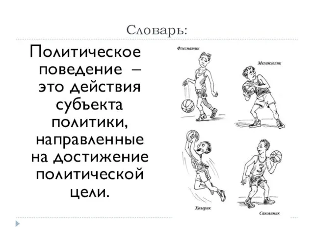 Словарь: Политическое поведение – это действия субъекта политики, направленные на достижение политической цели.