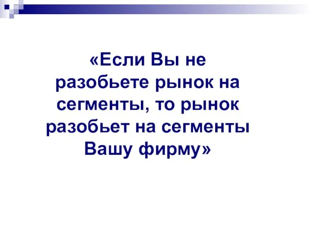 «Если Вы не разобьете рынок на сегменты, то рынок разобьет на сегменты Вашу фирму»