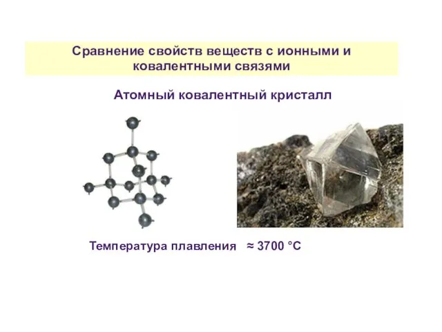 Сравнение свойств веществ с ионными и ковалентными связями Атомный ковалентный кристалл Температура плавления ≈ 3700 °С