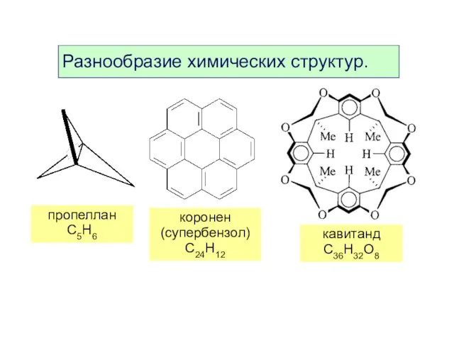 Разнообразие химических структур. пропеллан C5H6 коронен (супербензол) C24H12 кавитанд C36H32O8