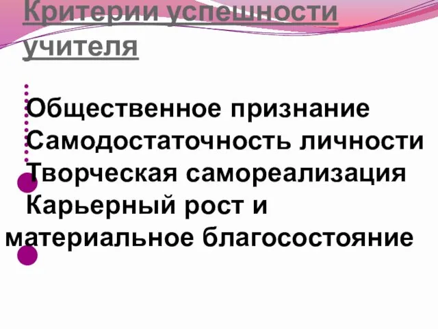 Критерии успешности учителя Общественное признание Самодостаточность личности Творческая самореализация Карьерный рост и материальное благосостояние