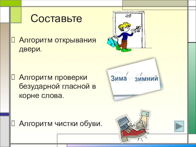 Составьте Алгоритм открывания двери. Алгоритм проверки безударной гласной в корне слова. Алгоритм чистки обуви.