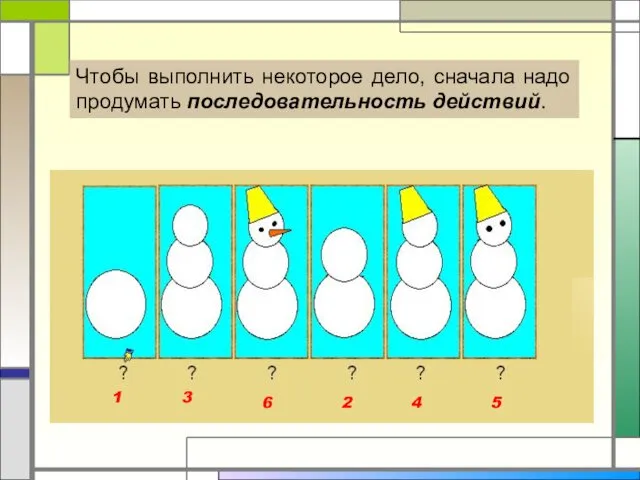 5 4 2 6 1 3 Чтобы выполнить некоторое дело, сначала надо продумать последовательность действий.