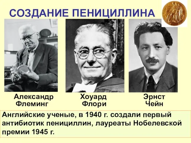 СОЗДАНИЕ ПЕНИЦИЛЛИНА Английские ученые, в 1940 г. создали первый антибиотик пенициллин,