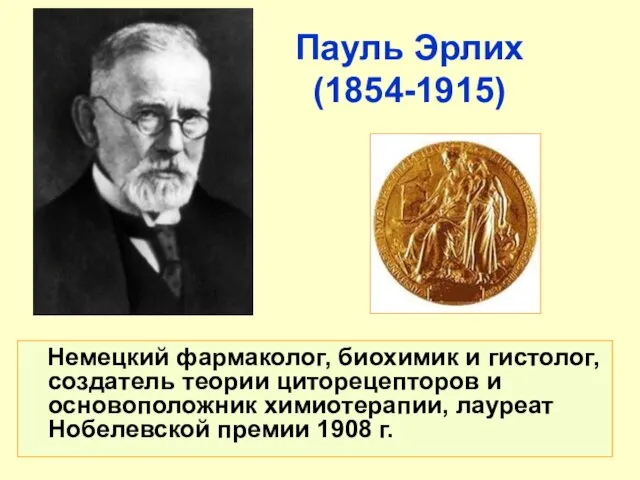 Пауль Эрлих (1854-1915) Немецкий фармаколог, биохимик и гистолог, создатель теории циторецепторов