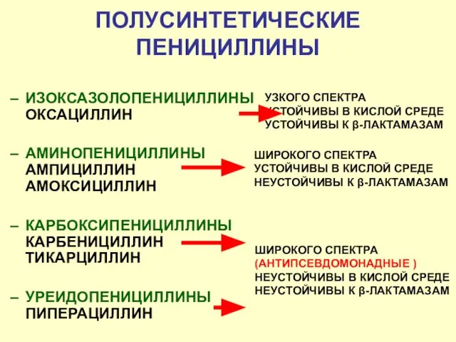 ИЗОКСАЗОЛОПЕНИЦИЛЛИНЫ ОКСАЦИЛЛИН АМИНОПЕНИЦИЛЛИНЫ АМПИЦИЛЛИН АМОКСИЦИЛЛИН КАРБОКСИПЕНИЦИЛЛИНЫ КАРБЕНИЦИЛЛИН ТИКАРЦИЛЛИН УРЕИДОПЕНИЦИЛЛИНЫ ПИПЕРАЦИЛЛИН ПОЛУСИНТЕТИЧЕСКИЕ
