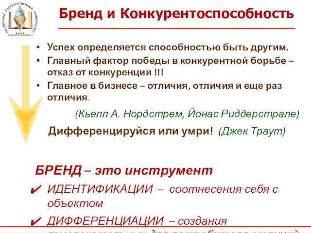 Бренд и Конкурентоспособность Успех определяется способностью быть другим. Главный фактор победы