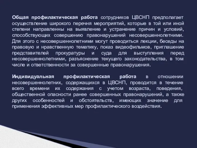 Общая профилактическая работа сотрудников ЦВСНП предполагает осуществление широкого перечня мероприятий, которые