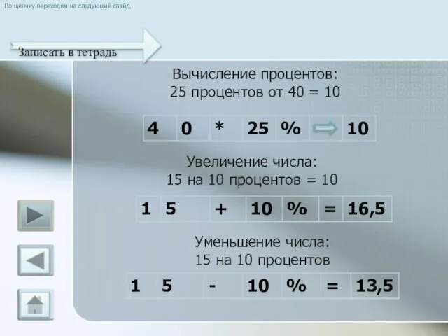 Увеличение числа: 15 на 10 процентов = 10 Уменьшение числа: 15