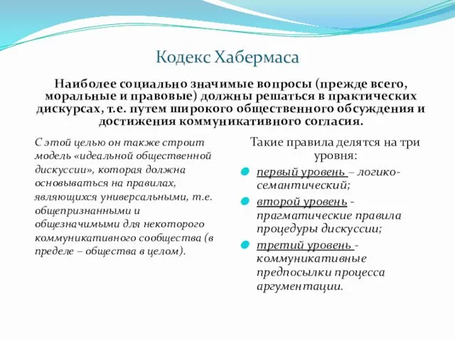 Кодекс Хабермаса С этой целью он также строит модель «идеальной общественной