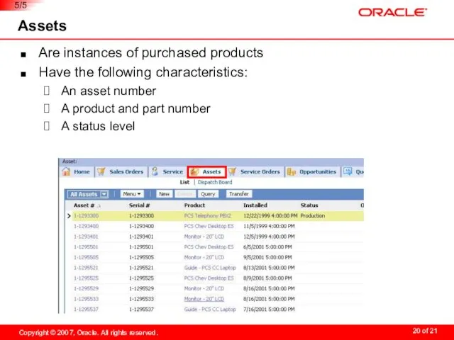 Assets Are instances of purchased products Have the following characteristics: An