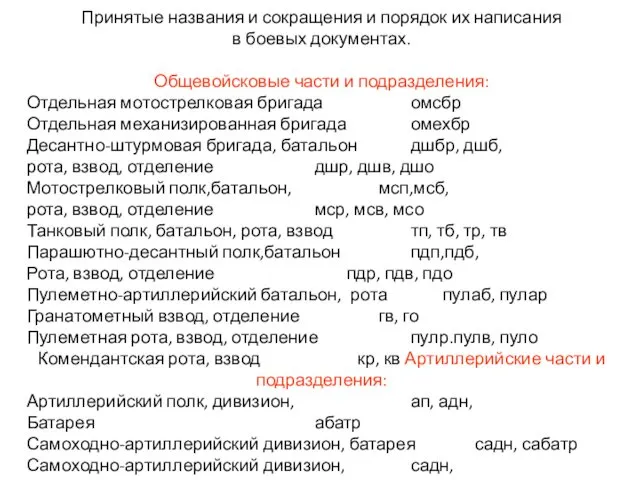 Принятые названия и сокращения и порядок их написания в боевых документах.