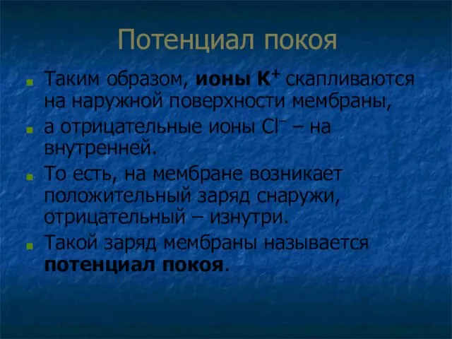 Потенциал покоя Таким образом, ионы K+ скапливаются на наружной поверхности мембраны,