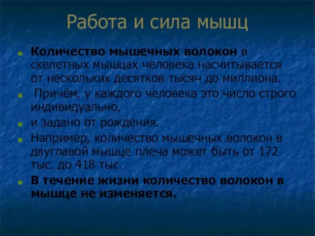 Работа и сила мышц Количество мышечных волокон в скелетных мышцах человека