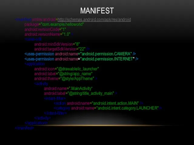 MANIFEST package="com.example.helloworld" android:versionCode="1" android:versionName="1.0" > android:minSdkVersion="8" android:targetSdkVersion="22" /> android:icon="@drawable/ic_launcher" android:label="@string/app_name" android:theme="@style/AppTheme" > android:name=".MainActivity“ android:label="@string/title_activity_main" >