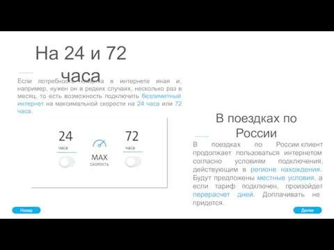 На 24 и 72 часа Если потребность клиента в интернете иная