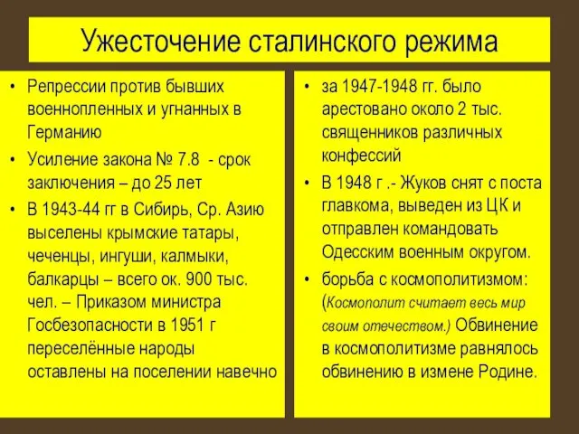 Ужесточение сталинского режима Репрессии против бывших военнопленных и угнанных в Германию