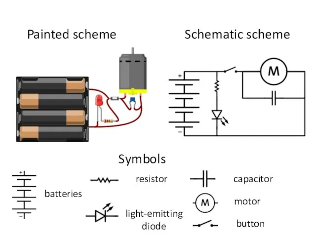 Painted scheme Schematic scheme Symbols batteries resistor light-emitting diode capacitor motor button