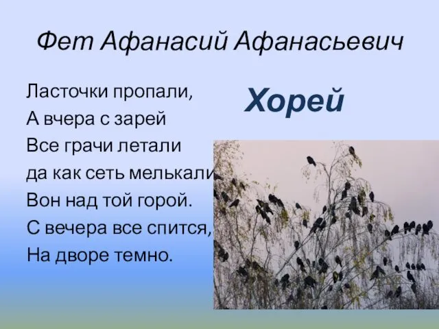 Фет Афанасий Афанасьевич Ласточки пропали, А вчера с зарей Все грачи